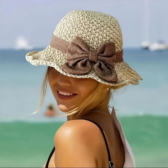 So Cute! Foldable Ruffled Bow Straw Sun Bucket Hat Elegant French Style Beach - Picture 1 of 7